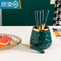 敬平水果叉子家用高端收纳罐蛋糕叉儿童果叉甜品小叉子不锈钢 [祖母绿带金边]★带6勺牙签