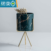 敬平北欧风格轻奢不锈钢水果叉子家用小吃插果叉创意收纳罐水果签套装 金纹(绿)罐一个+三角金架+6根树叶叉