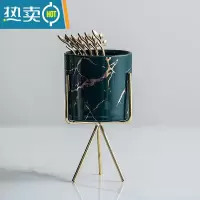 敬平北欧风格轻奢不锈钢水果叉子家用小吃插果叉创意收纳罐水果签套装 金纹(绿)罐一个+三角金架+6根树叶叉