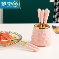 敬平水果叉子家用高端收纳罐蛋糕叉儿童果叉甜品小叉子不锈钢 [可爱粉带金边]★带3勺+3叉牙签