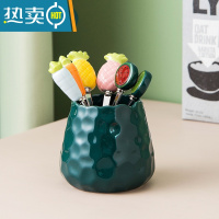 敬平水果叉子家用不锈钢收纳罐套装儿童高端可爱草莓水果签小果叉 祖母绿收纳罐+混色6叉