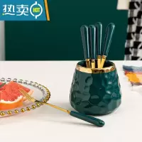 敬平水果叉子家用高端收纳罐蛋糕叉儿童果叉甜品小叉子不锈钢 [祖母绿带金边]★带6叉牙签