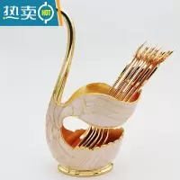 敬平纯铜天鹅底座创意餐具欧式水果叉子甜品小勺子可爱咖啡勺组合套装 金白天鹅大号[配六勺套装] 送底垫牙签