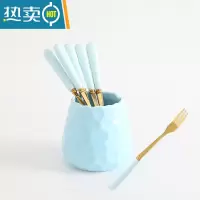 敬平创意水果叉陶瓷收纳罐套装果签甜品叉不锈钢轻奢家用客厅精美 蓝色浮雕+6金叉