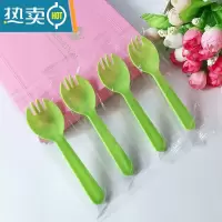 敬平独立装塑料黑色加厚叉勺透明商用外卖水果捞勺叉子蛋糕甜品 独立11.5厘米绿色小叉勺800个牙签
