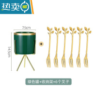 敬平家用水果叉套装欧式不锈钢甜品儿童叉子创意可爱勺子小奢华收纳罐 墨绿陶瓷罐—三角架子+果叉6个牙签