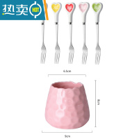 敬平北欧风不锈钢水果叉创意可爱家用韩式水果签欧式小奢华小叉子套装 混色叉子[5支]+叉筒粉色