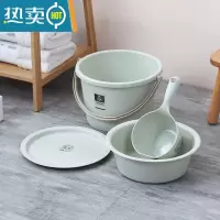 敬平桶盆4件套装家用水桶宿舍脸盆洗衣桶学生储水带盖圆桶加厚塑料桶 绿色-中号四件套[桶+盆+盖+杓]