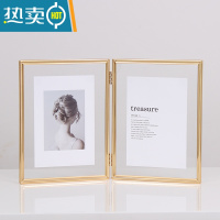 敬平欧式摆台相框折叠连体双面透明6寸7寸8寸10寸金属照片框玻璃摆件 金色竖款 7寸[高清玻璃面]