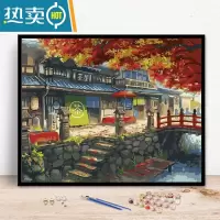 敬平diy手绘日式茶屋油彩画减压涂色数码画客厅风景装饰挂画装饰画