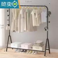 敬平晾衣架落地杆家用卧室晾衣杆折叠挂衣服架子凉衣架晒衣架简易单杆 ⭐️[升级挂钩]130cm黑色8️⃣钩2杆 大