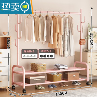 敬平晾衣架落地折叠室内晒衣架阳台卧室挂衣架子家用简易单杆式衣帽架 150cm❤特粗双层-加固7钩-粉⭐25管粗 大