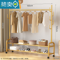 敬平晾衣架落地折叠室内晒衣架阳台卧室客厅简易单杆式家用挂衣帽架子 仙人掌双层150金色 [加固加粗加厚]