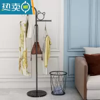 敬平简易衣架家用落地网红挂衣架小型衣帽架卧室客厅阳台晾衣架衣服架 猫耳款黑色+黑白根+5个黑色衣架