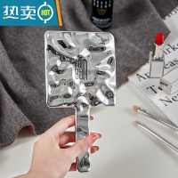 敬平网红高级感手持化妆镜家用复古ins风镜子女随身便携手拿美容镜 手持化妆镜银色+黑色印花便携式用镜