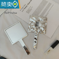 敬平ins手持双面小镜子女随身携带折叠化妆镜翻盖式不锈钢小号便携 黑色英文手柄镜便携式用镜