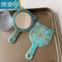敬平高级感可爱猫咪包包便携带柄小镜子随身化妆镜手持车载办公补妆镜 青玉色 猫咪小镜子一个便携式用镜