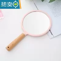 敬平榉木双面手柄镜美容院便携纹绣专用木制复古化妆镜圆形手拿镜子女 单面榉木圆粉色便携式用镜