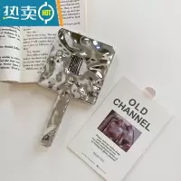 敬平ins风复古手持化妆镜便携小镜子女网红随身携带装饰手拿美容镜子 银色+黑字便携式用镜