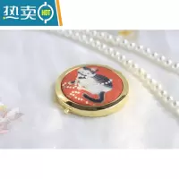 敬平[福利款]古风汉服配饰小镜子化妆镜便携折叠双面镜手工猫咪便携式用镜 石榴橘黑猫金色底