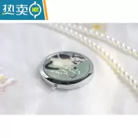 敬平[福利款]古风汉服配饰小镜子化妆镜便携折叠双面镜手工猫咪便携式用镜 竹青色黑猫银色底