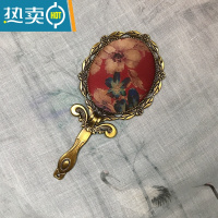 敬平手持镜子带柄香云纱手工布艺便携桌面可立中式复古折叠随身小镜子便携式用镜 2 花朵大小位置随机