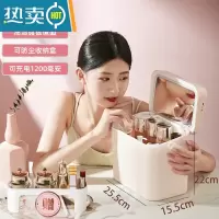 敬平智能台式led灯化妆镜收纳盒一体家用女桌面补光大号补妆便携镜子便携式用镜 升级款小号粉色[带LED三色灯