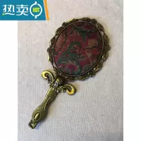 敬平手持镜子带柄香云纱手工布艺便携桌面可立中式复古折叠随身小镜子便携式用镜 绿色 以图片实物为准