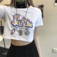 2021年新款短款上衣女夏季ins潮韩版原宿风宽松露脐情侣装短袖t恤 909白色(短款) M