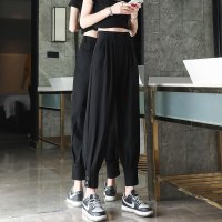 休闲束脚工装裤女夏宽松薄款显瘦加长阔腿裤垂感西装哈伦裤小个子 黑色 S