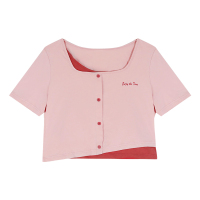 青蔷薇假两件短袖T恤女设计感小众2021新款夏季方领短款上衣女夏 粉红色 S