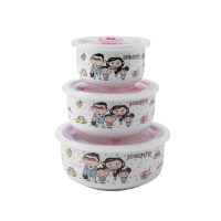 家用保鲜碗三件套保鲜盒套装陶瓷带盖微波炉密封瓷餐具便当盒面碗 一家人