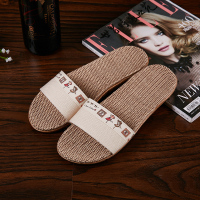 亚麻拖鞋居家棉麻四季拖鞋英伦外贸家居麻底时尚情侣格子圆点防滑 乳白色 白底美女一字 240(35-36)