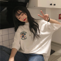 古着感少女T恤夏季2021新款衣服卡通印花宽松中长款短袖杏色上衣 白色 M