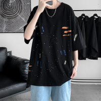 涂鸦油漆短袖t恤男潮牌潮流ins夏季港风新款上衣服宽松痞帅五分袖 黑色 S