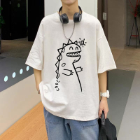 2件装港风短袖t恤男潮流韩版宽松cec百搭休闲上衣五分半袖ins班服 白色素描龙 S