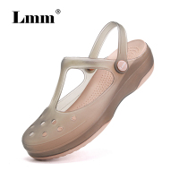 洞洞鞋女果冻软底凉鞋2021夏季新款沙滩鞋防滑护士鞋厚底拖鞋 茶金 35 标准码