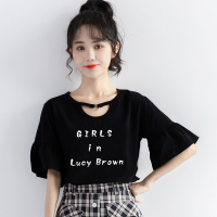 2021夏季新款镂空挂脖荷叶边喇叭袖短袖T恤女黑色小众设计感上衣 黑色 S