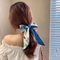 丝巾发带女绑发复古法式丝带飘带2021年新款蝴蝶结头饰高级感发饰 蓝色百合花