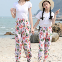 女童防蚊裤夏季超薄款冰丝女大童儿童灯笼裤女孩棉绸大人碎花裤子 粉红色 粉底绿叶[雁] 90码[建议身高75-85cm]