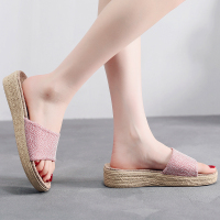 2021新款厚底坡跟家用居家亚麻拖鞋高跟室内情侣拖鞋女夏韩版防滑 315粉红色 35-36