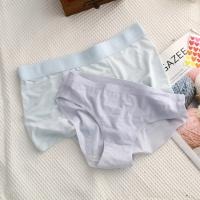 清凉夏季一抹绿~性惑冰丝款情侣内裤~无痕一片式透明薄款男女内衣 冰雪蓝 女M男L