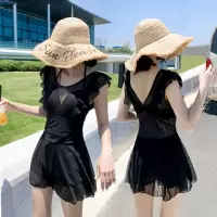 新款韩国东大门泳衣女裙式连体保守钢托聚拢ins风遮肚温泉游泳装 黑色9936 S