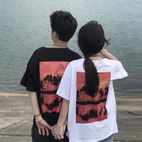 国潮牌落日夕阳短袖t恤男女ins情侣装夏装小众设计感2021新款半袖 黑色 M