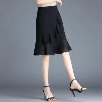 黑色雪纺半身裙女夏季2021新款裙子高腰a字中长鱼尾裙包臀裙短裙 黑色 S 85-95斤