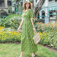 复古文艺小碎花棉麻连衣裙女2021夏新款宽松大码显瘦系带收腰长裙 绿色 M 建议95-115斤