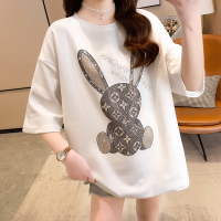 短袖T恤夏季女装2021新款韩版显瘦宽松圆领重工镶钻图案上衣ins潮 白色 M