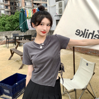 大码抽绳t恤夏季设计感不规则2021新款胖mm显瘦短袖又甜又辣上衣 灰色 M[建议95-105斤]
