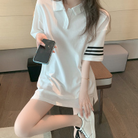 中长款粉色T恤女2021年新款夏季韩版宽松Polo领休闲百搭短袖上衣 白色 均码