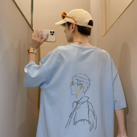 短袖t恤男夏季薄款潮牌ins潮流创意动漫印花宽松半袖休闲冰感上衣 浅蓝色 S (90-100斤)